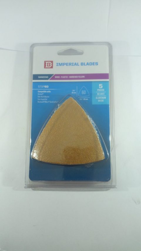Förpackning av Imp Blades Sandpapper Triangel 60 Korn 5/FRP med kornstorlek 60 för användning på trä, plast och härdade fyllmedel.