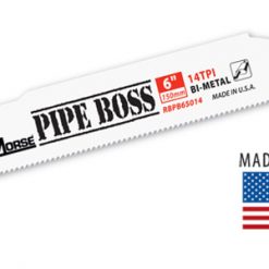 En Tigersågblad Pipeboss 225-25-1,3-14 5Pack RBPB95014T05 märkt "pipe boss" med produktspecifikationer och "made in u.s.a." tillsammans med en amerikansk flagga.