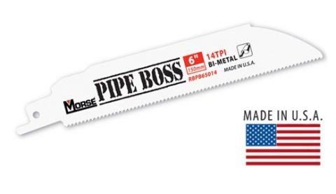 En Tigersågblad Pipeboss 225-25-1,3-14 5Pack RBPB95014T05 märkt "pipe boss" med produktspecifikationer och "made in u.s.a." tillsammans med en amerikansk flagga.