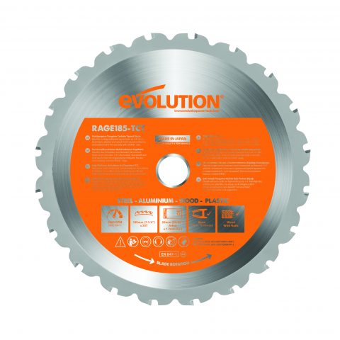 Cirkelsågblad Evolution Multikap Rage 185-2,0-20-20T med produktinformation och användningsikoner.
