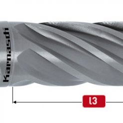 Närbild av en Kärn Borr Silver Line L=25mm borr med diameteretiketter d1 och d2, och längdetikett l3.